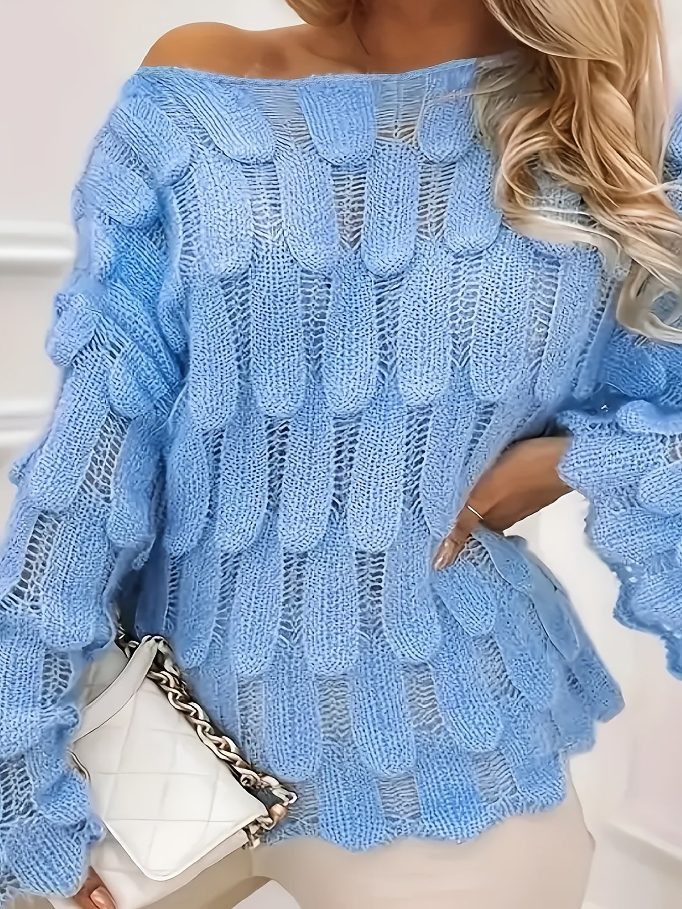 Plus Size Women's Cable Sweater Light Blue Long Sleeve Crew Neck