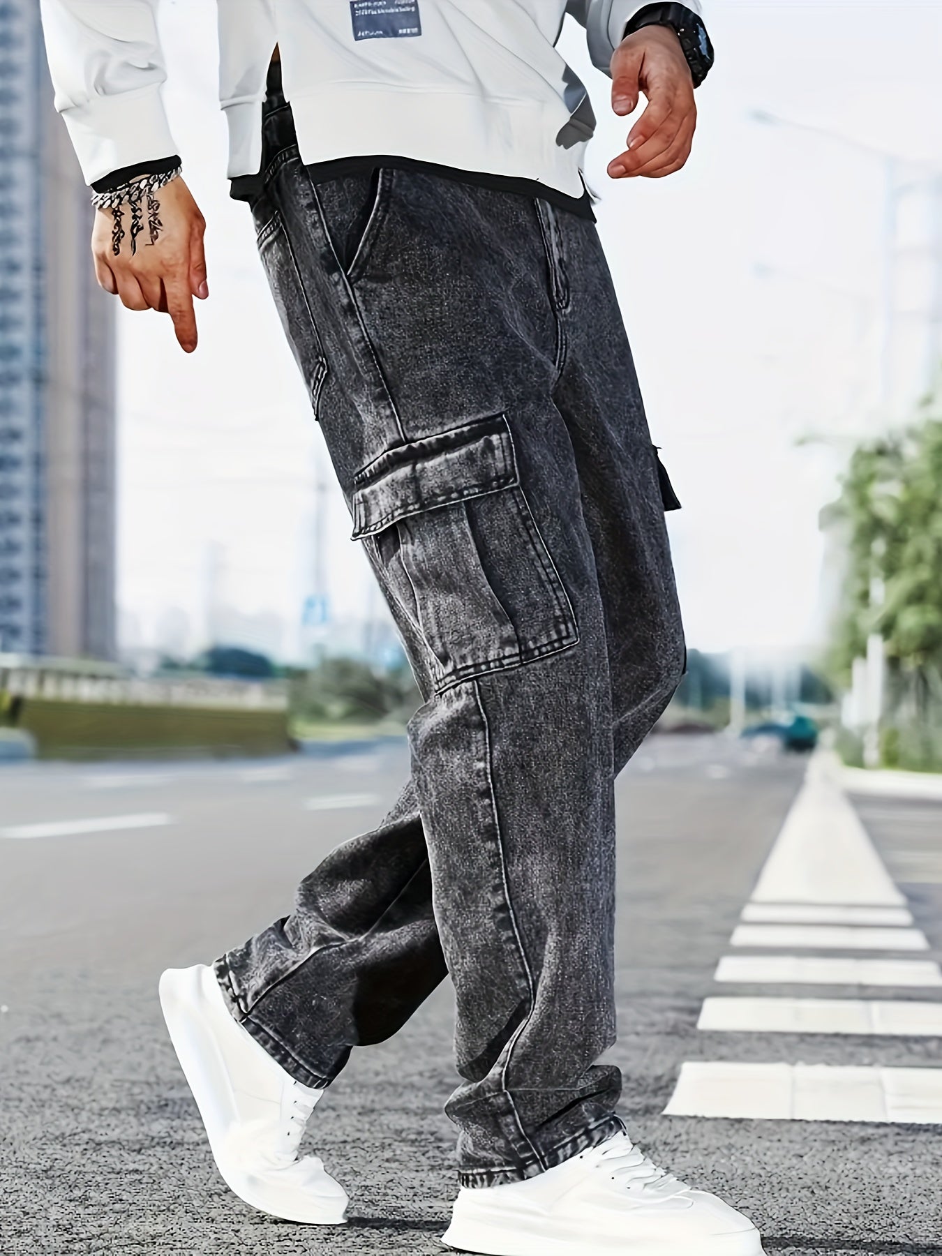 Plus Size Men's Stretch Denim Cargo Jeans with Multiple Pockets Casual All-Season