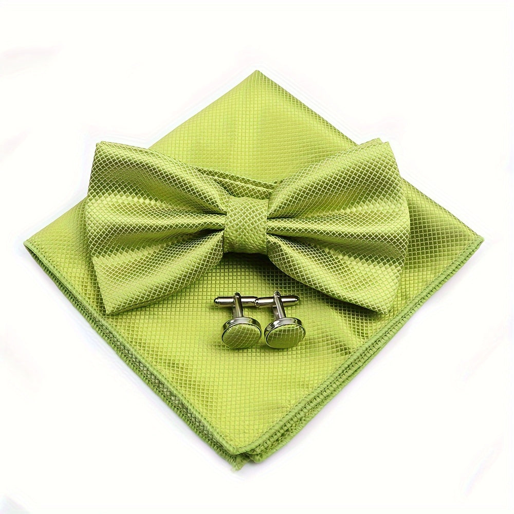 Set of 3 Wedding Accessories for Grooms and Groomsmen Bowtie Cufflinks and Pocket Towel
