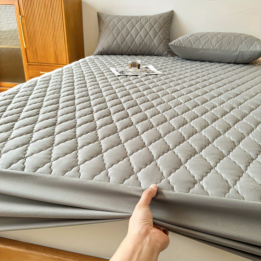 Waterproof Quilted Fitted Bed Sheet Protector for Single or Double Bed Gray White 1 Piece