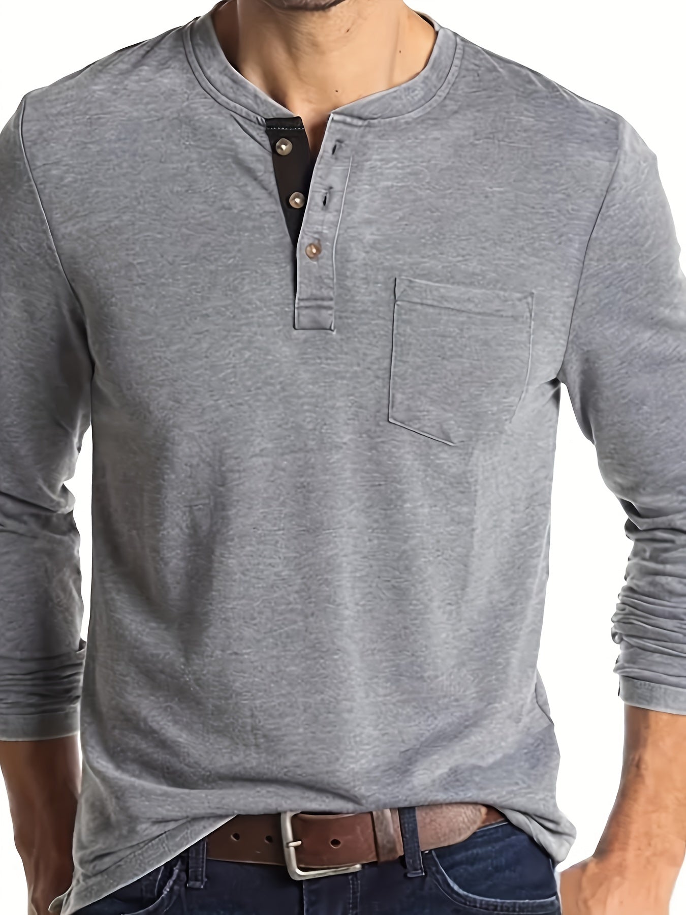 Men's Plus Size Henley Shirt Long Sleeve Slim Fit Casual Polo Collar with Pocket