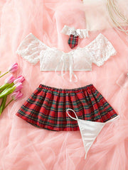 Women's Lace Lingerie Set with Plaid Skirt 4-Piece