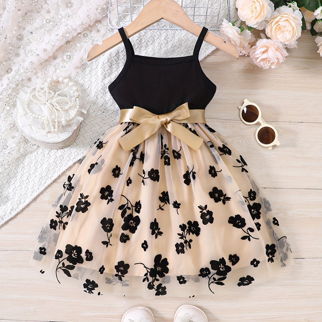 Girls Summer Splicing Flower Graphic Cami Tutu Dress for Kids