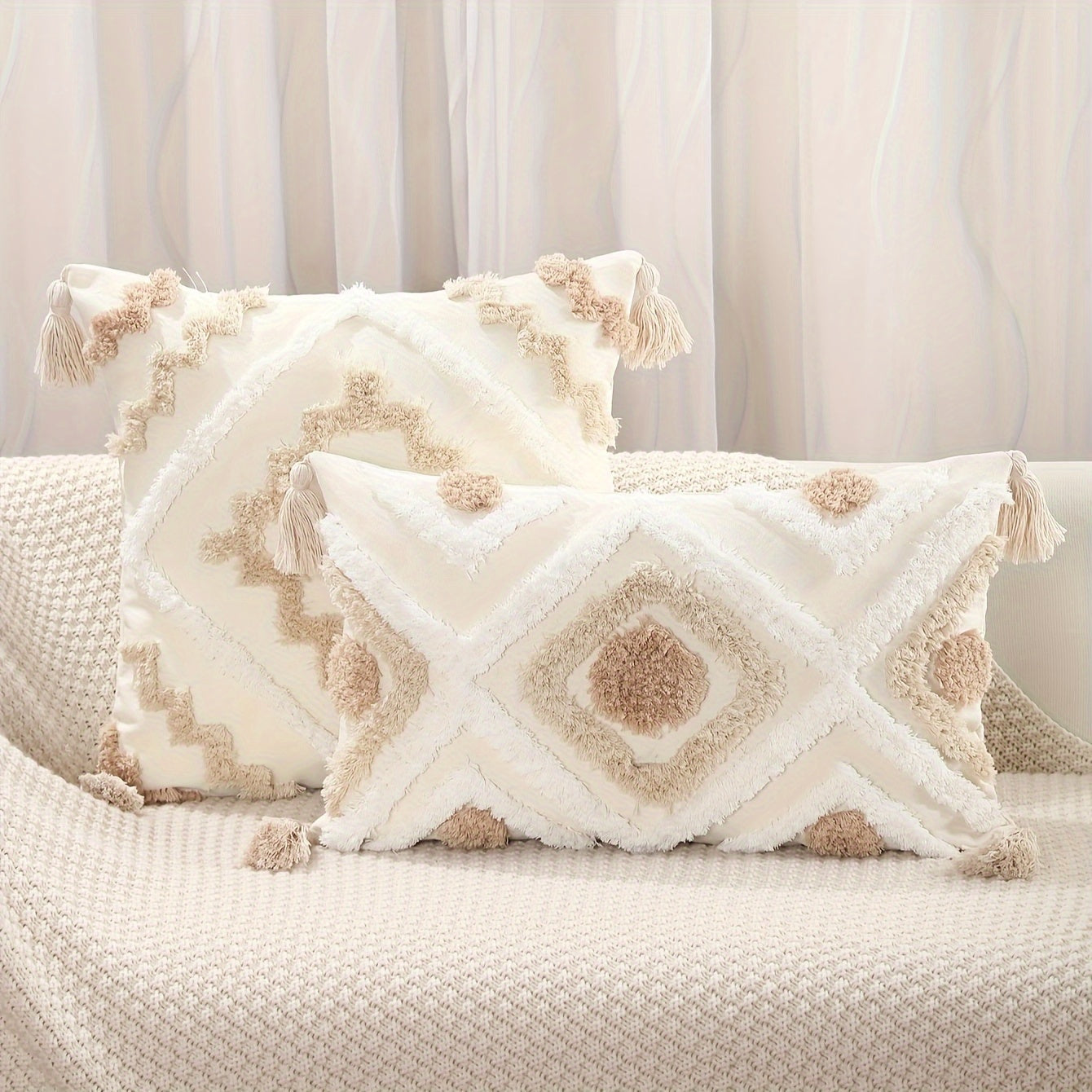 Beige Cotton Canvas Throw Pillow Cover with Tassels and Zip Closure