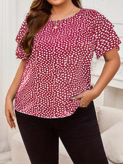 Blusa de manga con volantes de lunares verdes para mujer talla grande, poliéster, casual, primavera y verano