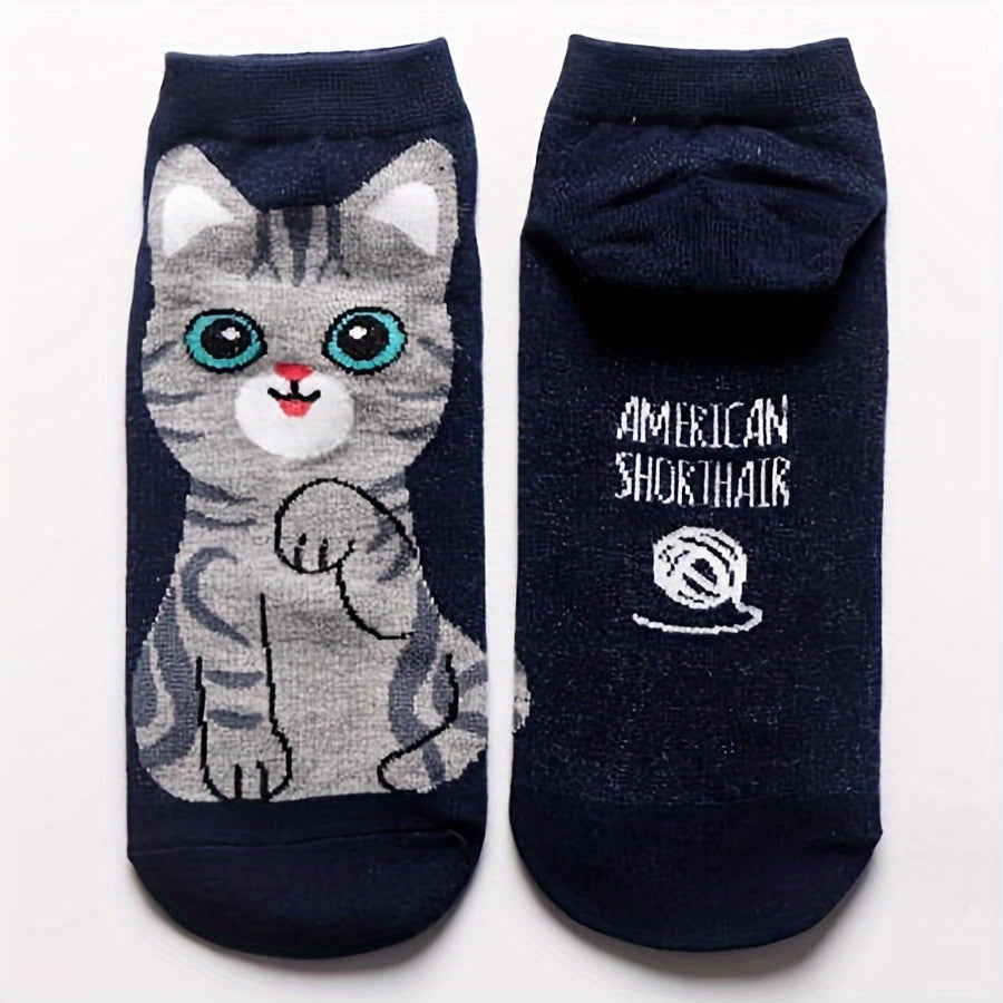 Women's Cartoon Cat Print Ankle Socks Set of 5 Breathable Knit Fabric Hosiery