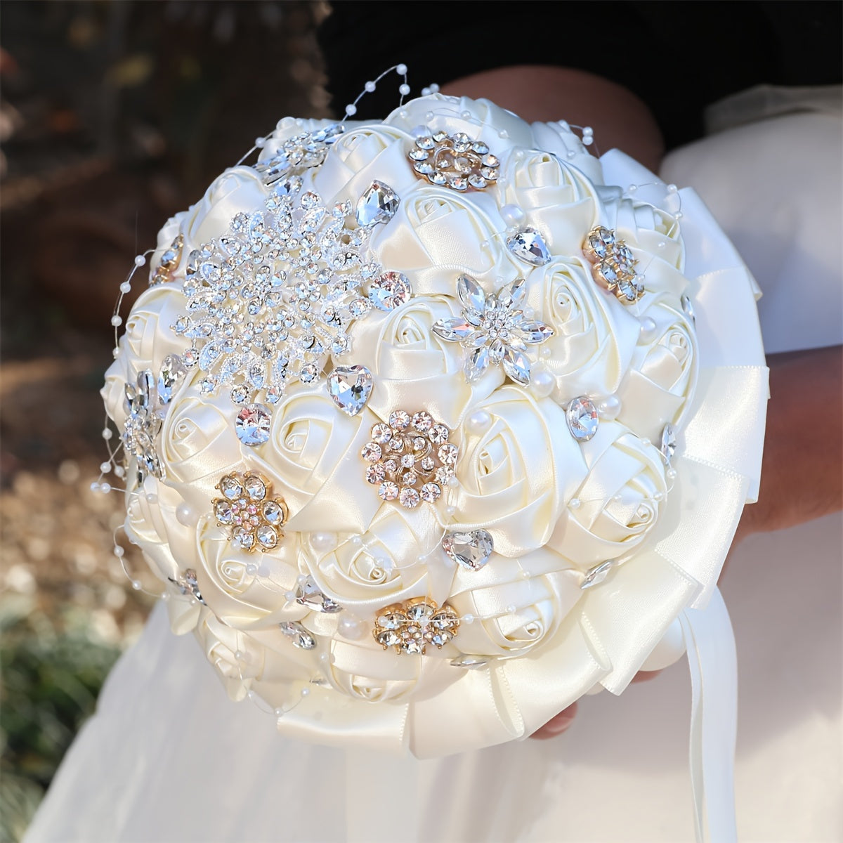 Handmade Wedding Bouquet Satin Flowers Rhinestones Faux Pearls for Bride Bridesmaids