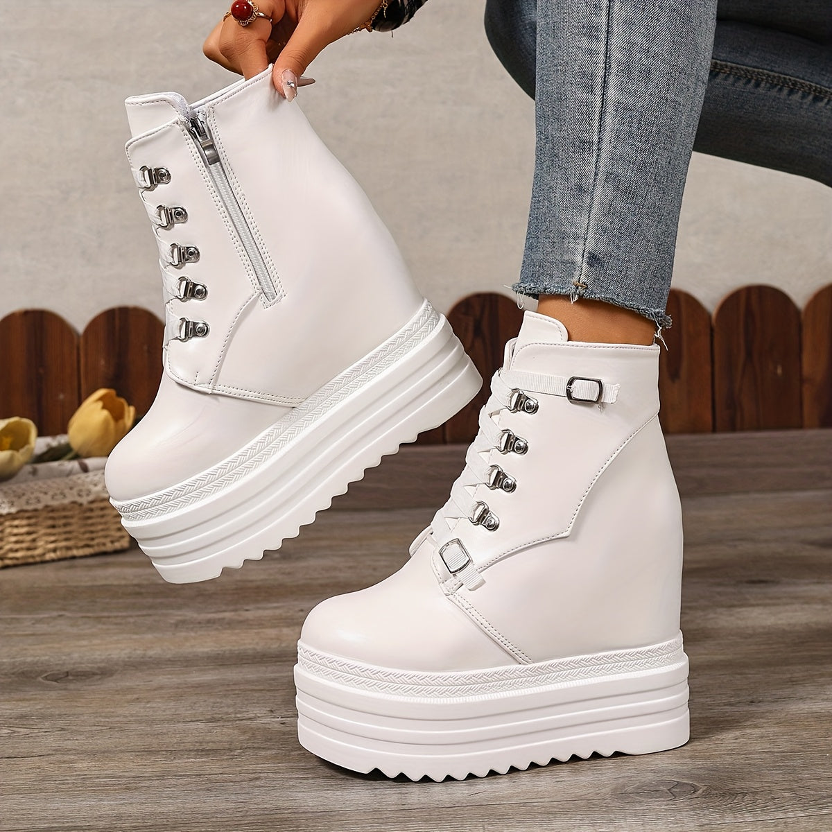 Женские ботинки на массивной платформе с синтетической отделкой, каблуки 14 см, застёжка-молния, комфорт