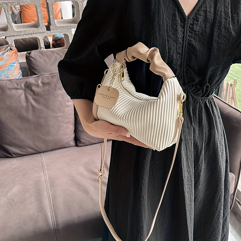 Elegant Pleated Handbag for Evening Events in White and Black PU Material