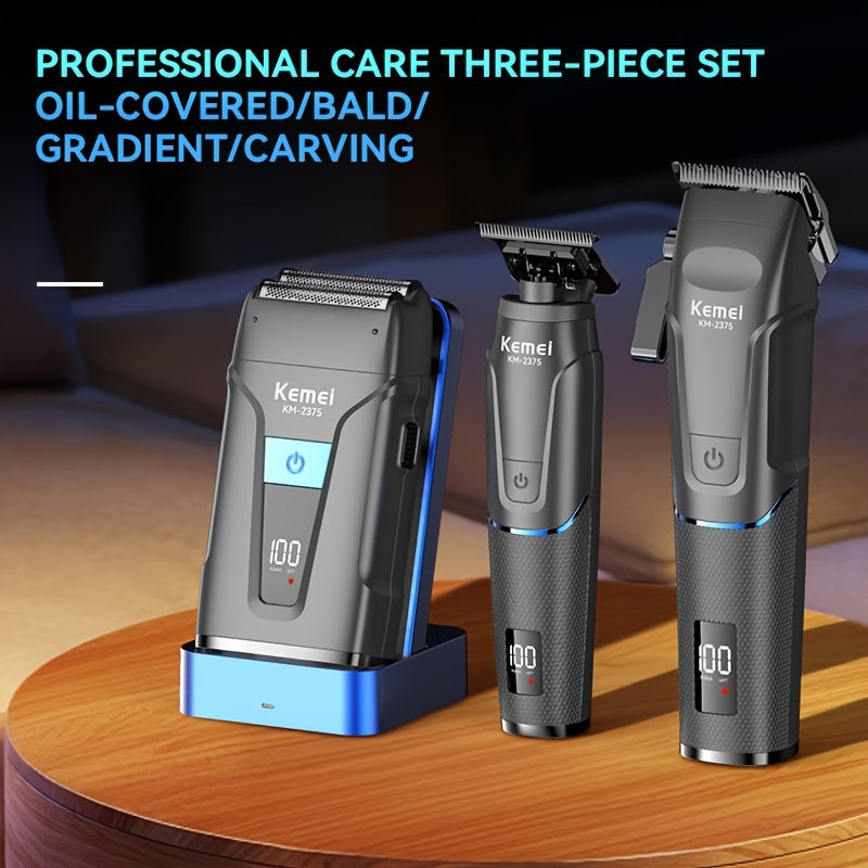 Профессиональный набор для ухода KEMEI, 3 шт., с USB-зарядкой для машинки для стрижки и бритвы, цифровым дисплеем, беспроводной зарядкой, литиевым аккумулятором, рабочим напряжением ≤36V - KM-2375