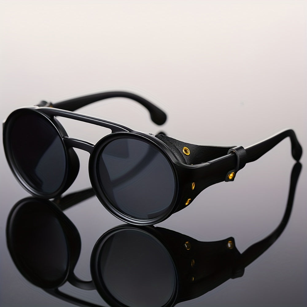 Retro Steampunk Round Sunglasses for Men and Women PU Leather Shields Double Bridge Outdoor Party Vacation Travel