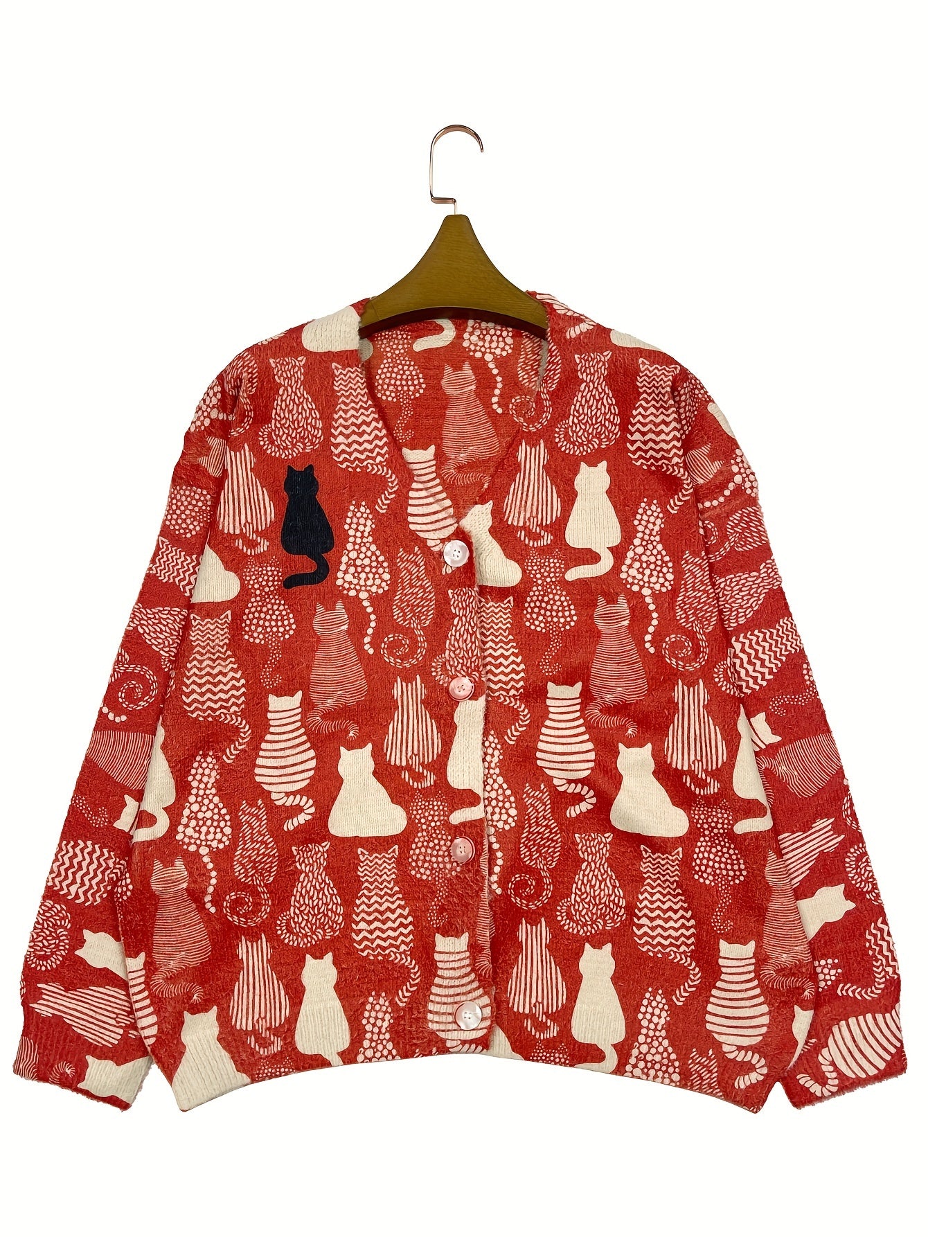 Plus Size Women's Cozy V-Neck Cardigan with Cat Print Long Sleeve Sweater