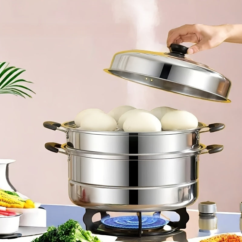 Stainless Steel Double-Layer Steamer Pot with Lid for Induction Cooktops