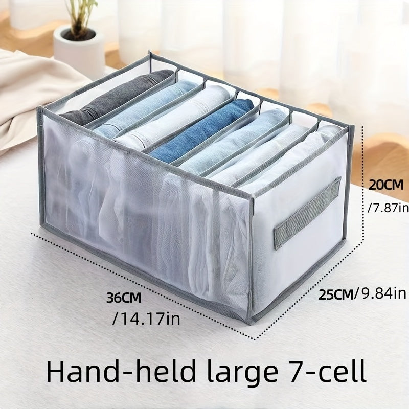 Grey Wardrobe Organizer with Handle, 7-Grid Drawer Divider for Clothes