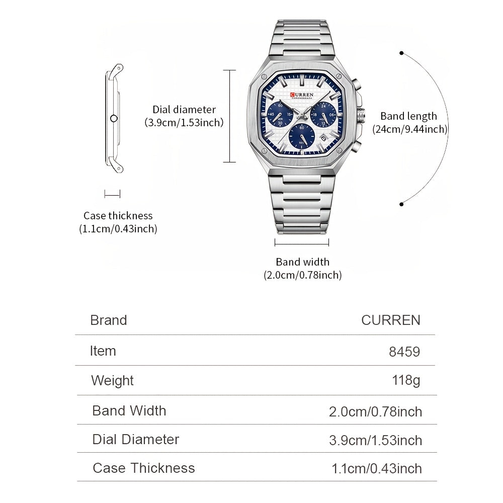 Reloj de pulsera con esfera retro cuadrada para hombres, acero inoxidable, cuarzo, cronógrafo