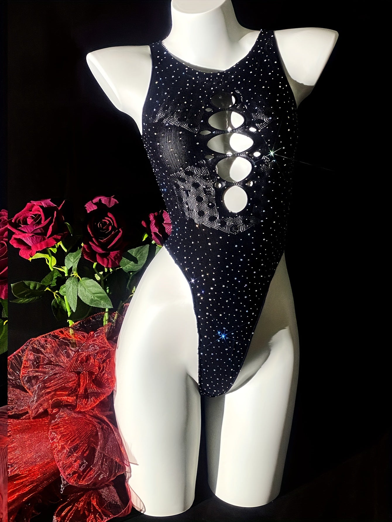 Women Black Rhinestone Bodysuit Sleeveless High-Stretch Lingerie