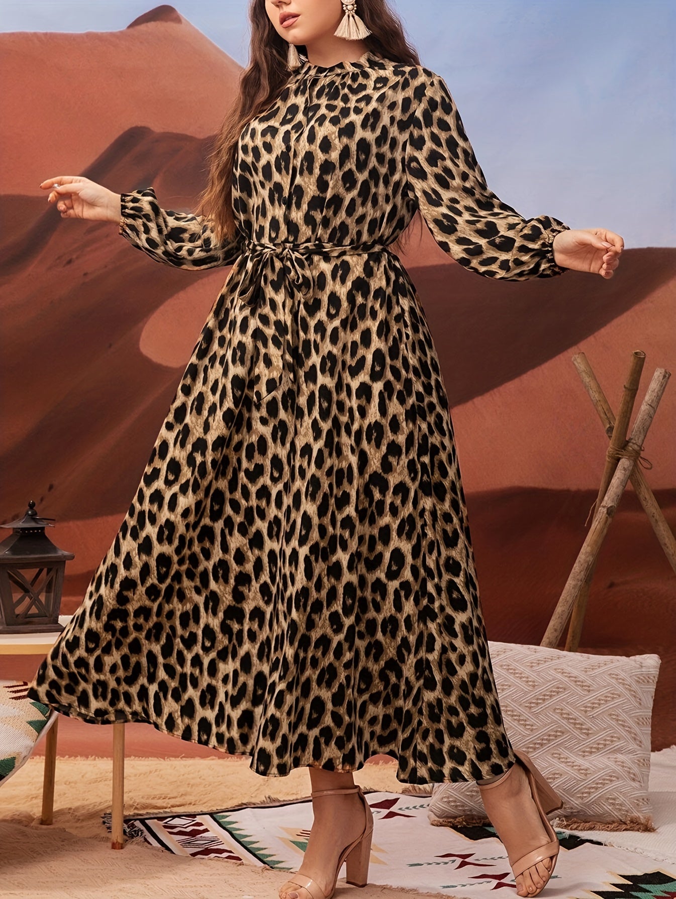 Plus-Size Leopard Print Dress with Lantern Sleeves Belt Collared Neckline Polyester All-Season