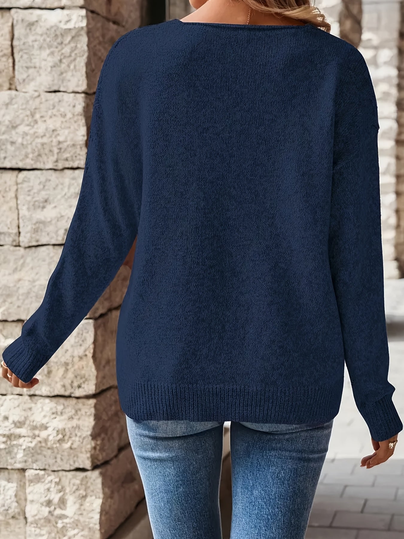 Plus Size Women's V-Neck Top with Cut-Out Detail Navy Blue Long Sleeve Casual