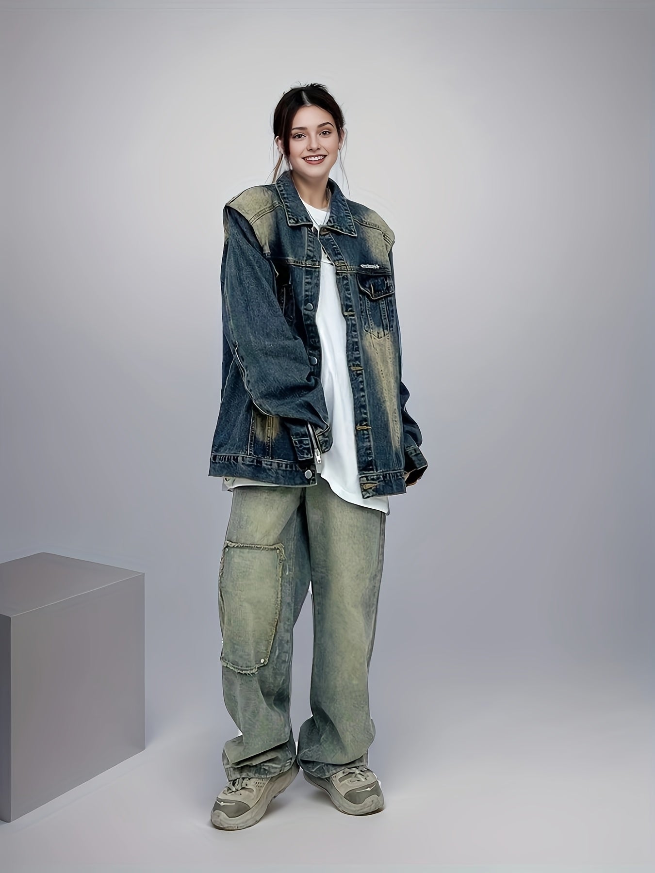 Women's Denim Jacket with Shoulder Pads Loose Fit Washed Blue Casual Outerwear