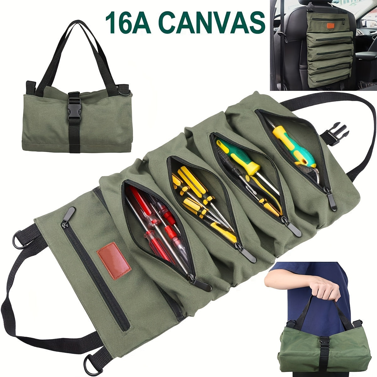 Multi-Purpose Roll-Up Tool Organizer with 5 Zippered Pockets for Tools and Storage