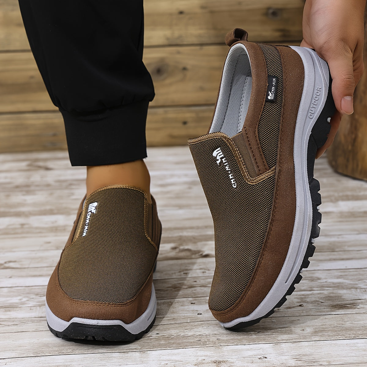 Men's Breathable Knit Slip-On Sneakers for Outdoor Hiking in Gray Black Navy Blue Brown