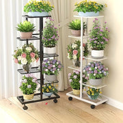 Soporte de flores de metal con ruedas para uso en interiores y exteriores, estante de varias alturas para plantas