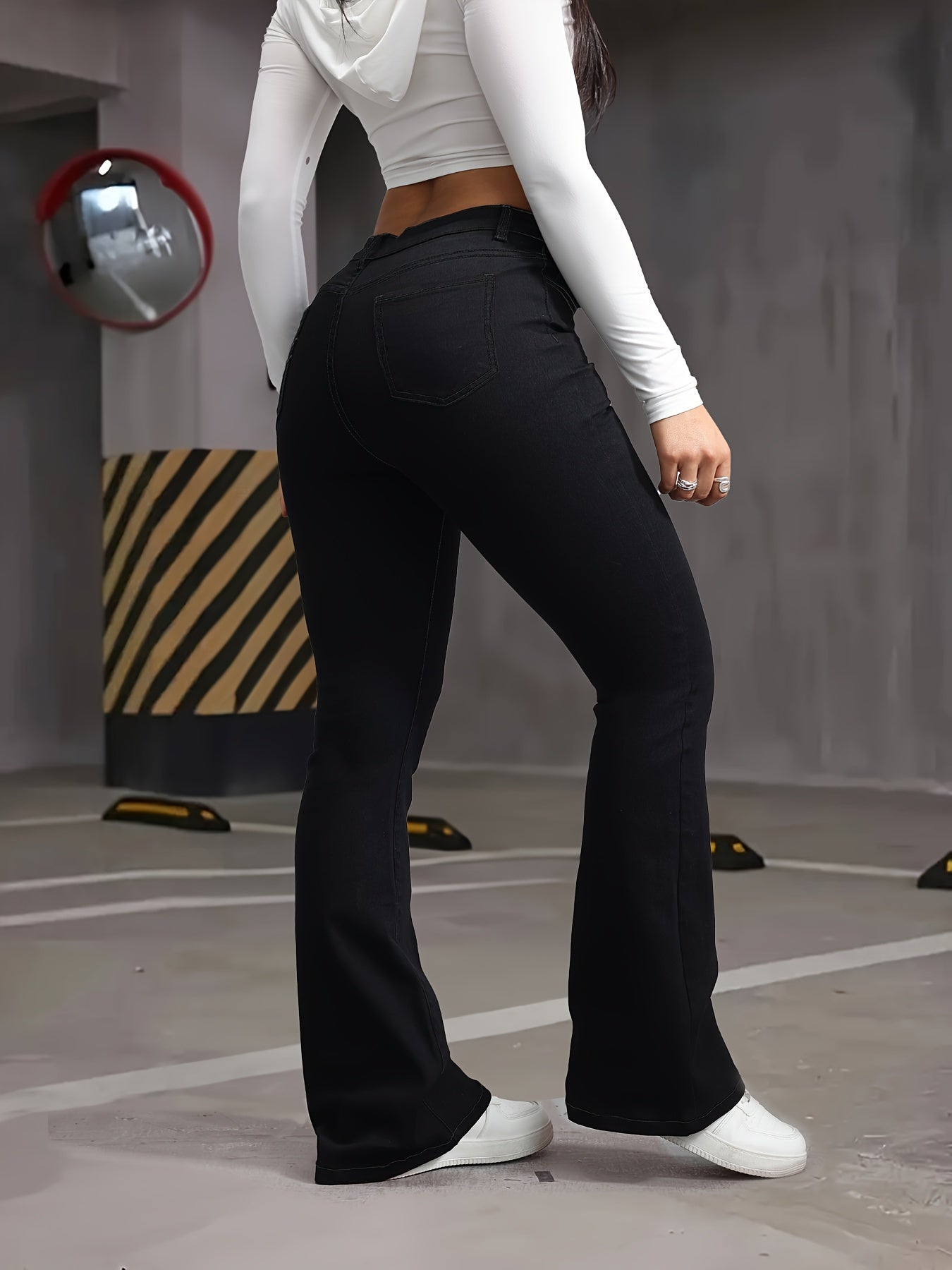 Plus Size High Waist Flare Jeans Stretch Denim Bell Bottoms Solid Color