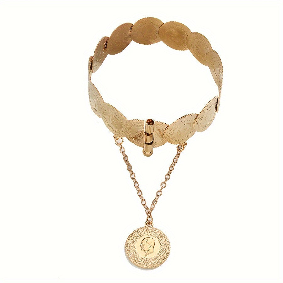 Gold-Plated Tribal-Inspired Bangle Bracelet with Copper Alloy Coin Links for Women