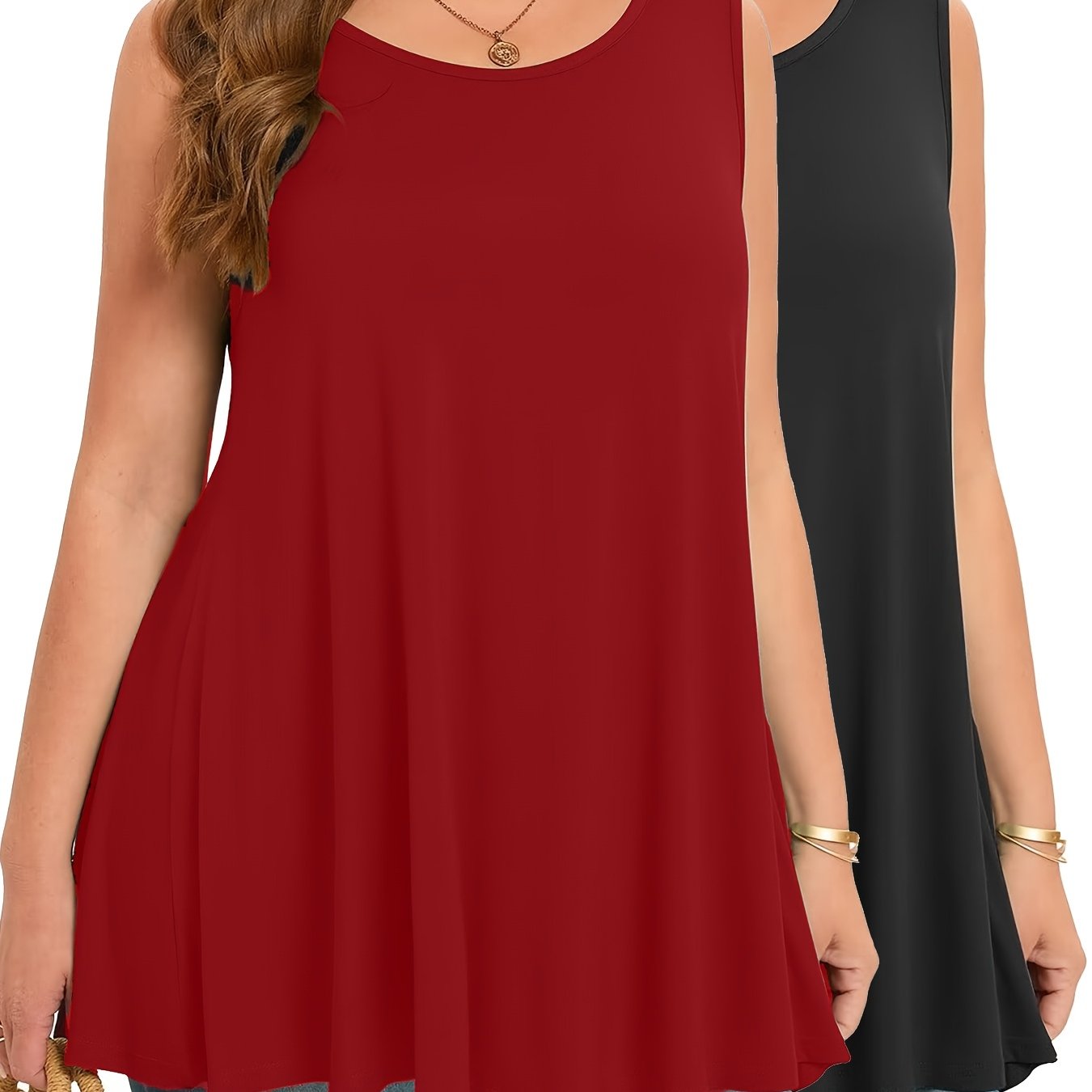Plus Size Two-Piece Set Sleeveless Tank Top Solid Color Stretchy Casual