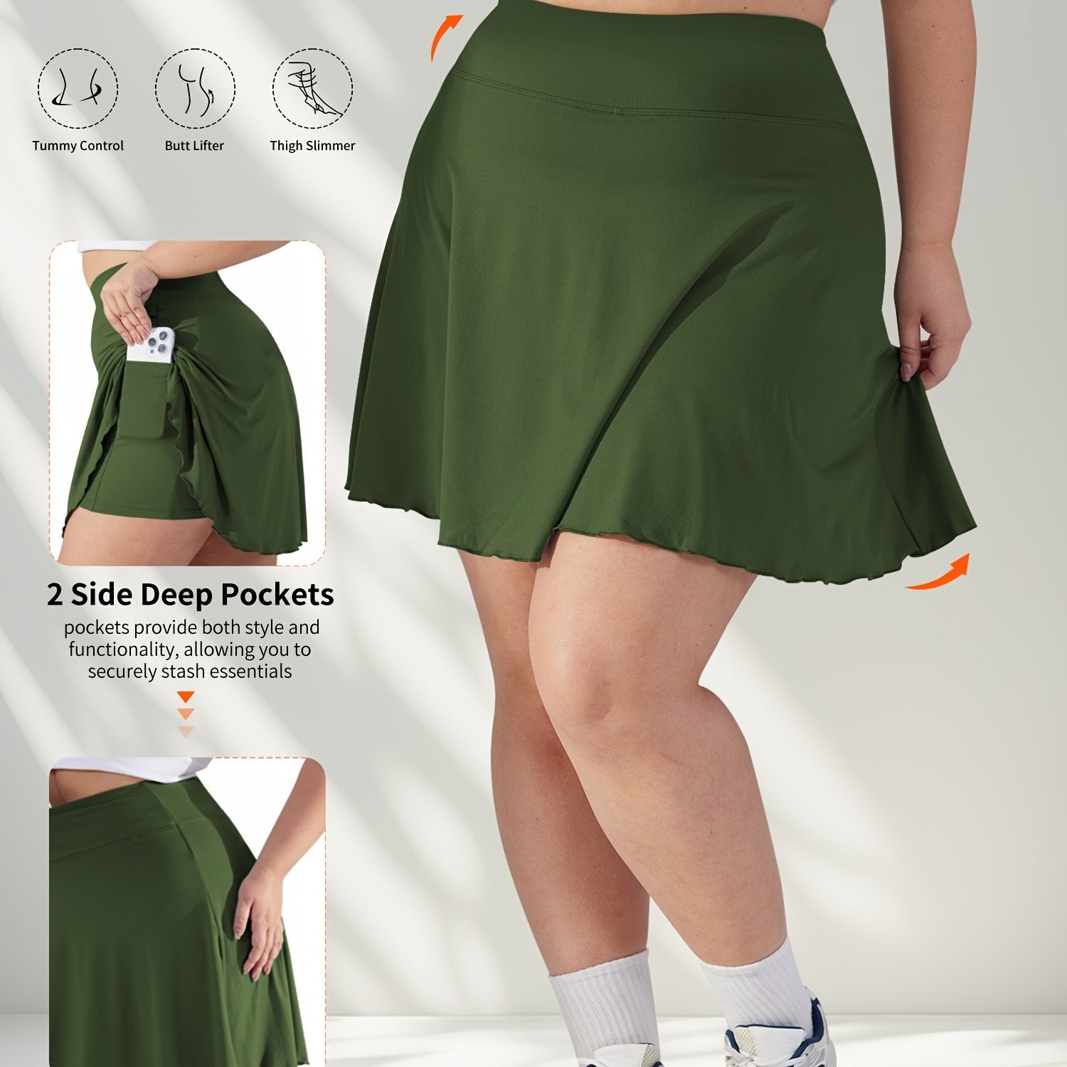 Plus Size Women's Tennis Skirt with Pockets, Green, High Stretch, Athletic Fit