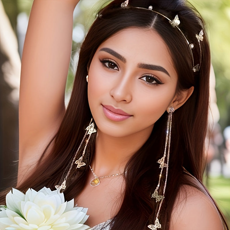 Faux Pearl Butterfly Headband with Tassel for Women