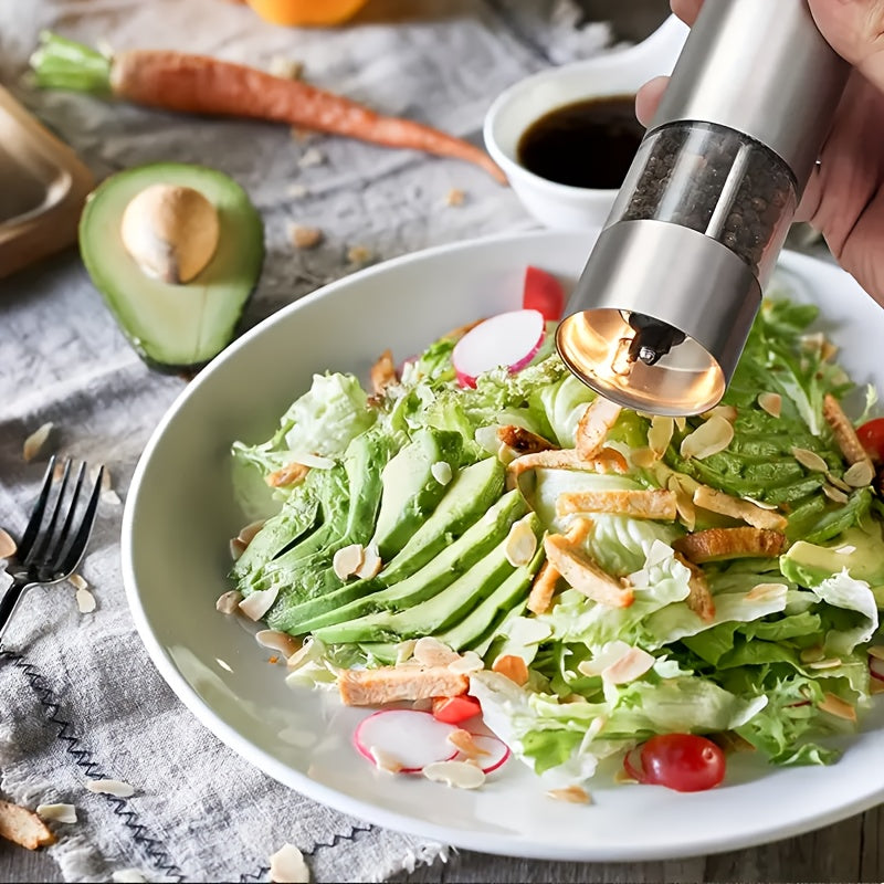 Stainless Steel Elektr salt va murch maydalagich to'plami, batareya bilan ishlaydi, LED chiroq bilan, qattiqlikni sozlash mumkin