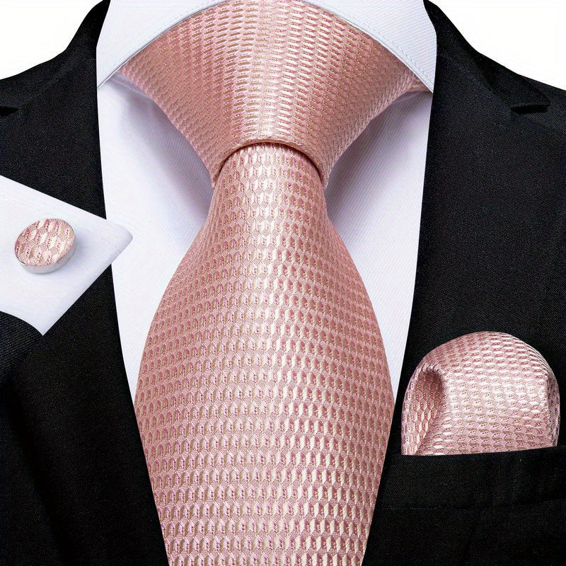 Stylish Men's Pink Patterned Tie Set with Pocket Square, Hanky, and Cufflinks - Perfect for Weddings or as a Gift