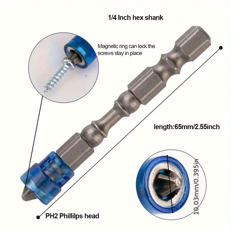 Juego de 5 piezas de brocas de destornillador Phillips magnéticas de acero S2, con vástago hexagonal de 65 mm
