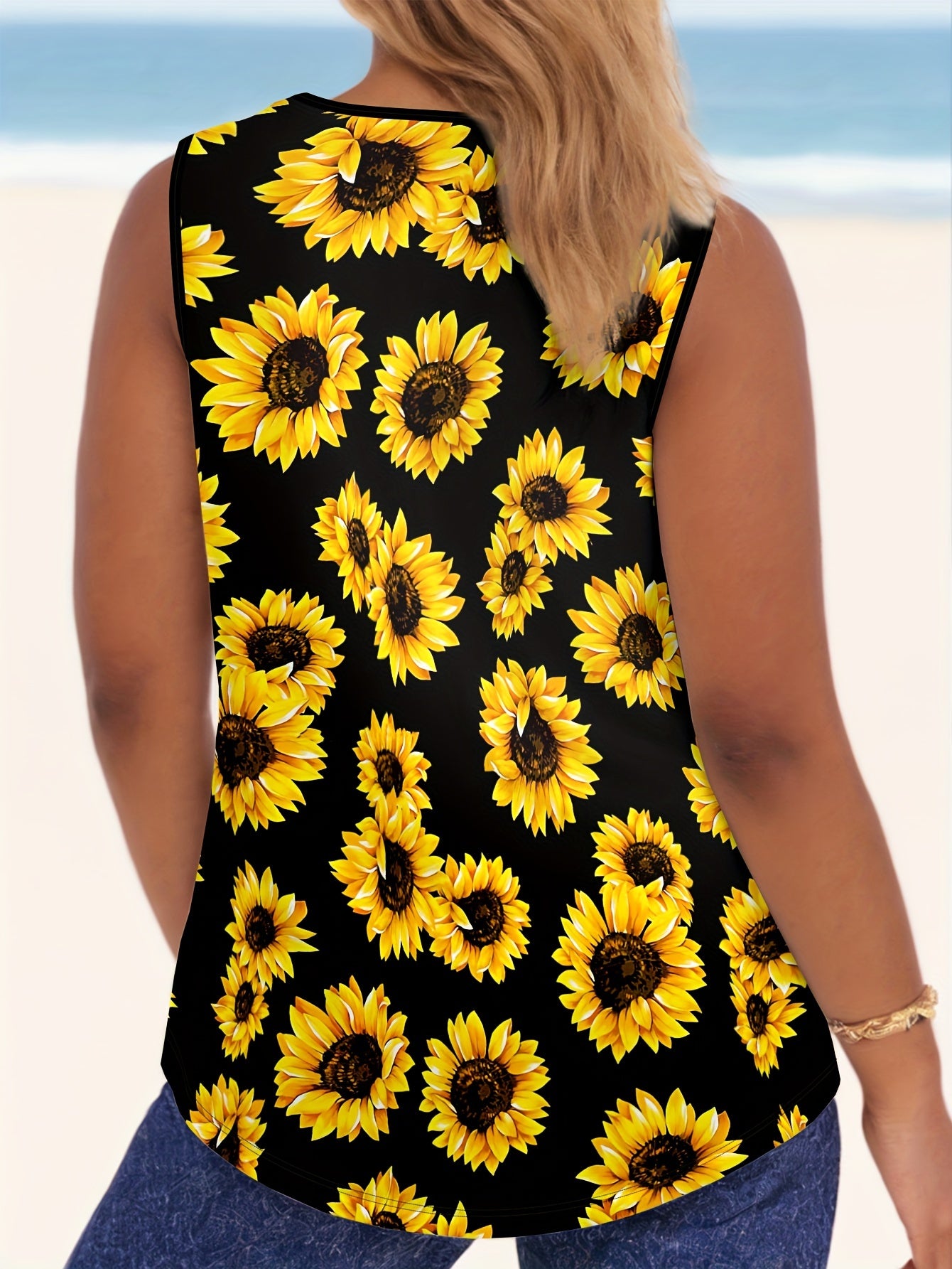 Plus Size Sunflower Print Tank Top Sleeveless Summer Women's Clothing