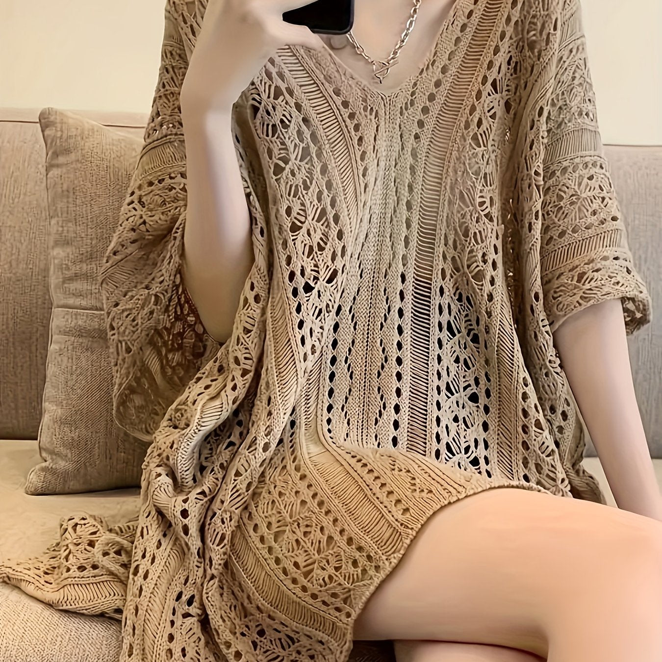 Blusa de punto de talla grande para mujer con manga batwing y escote en V de color sólido