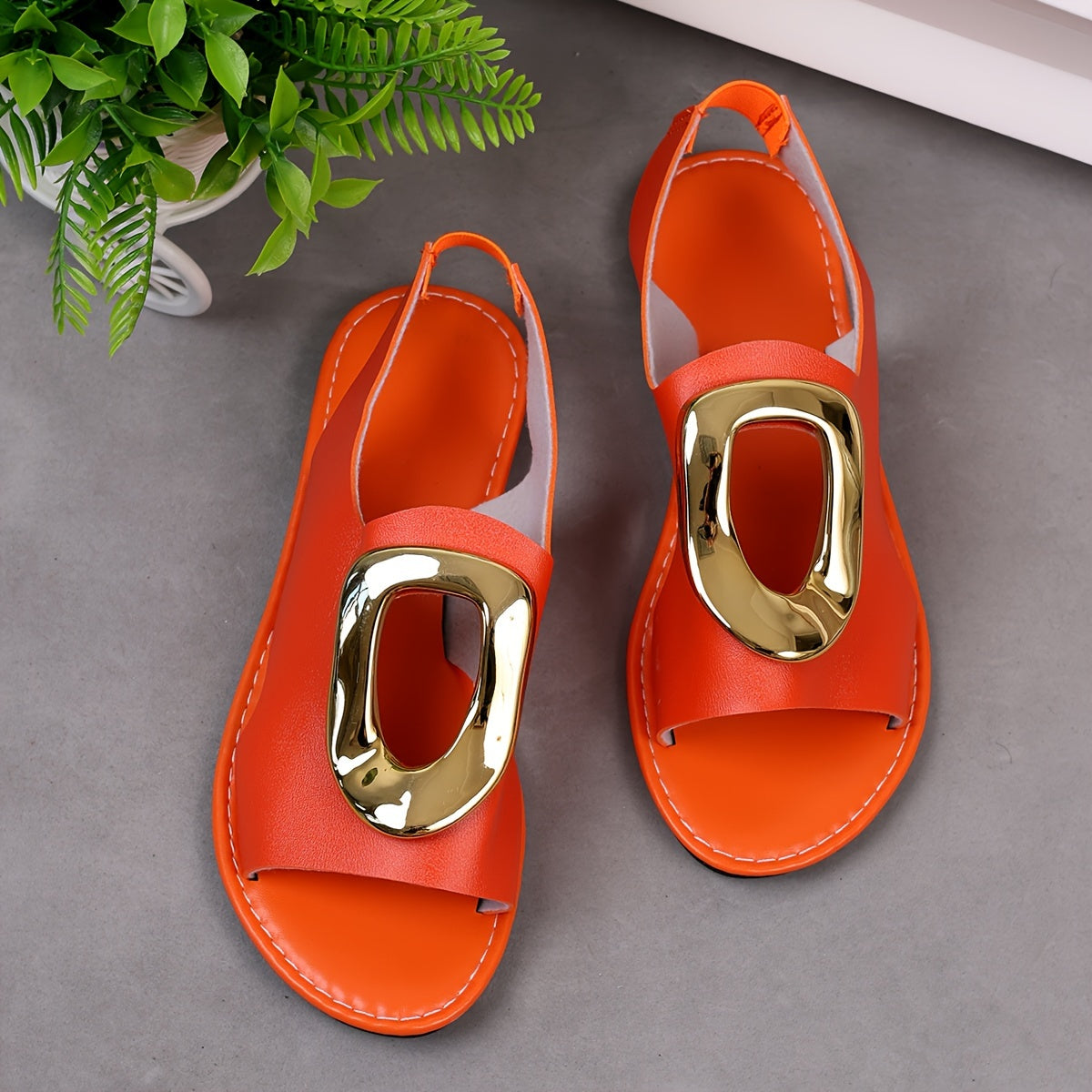 Lightweight Solid Color Sandals with Metallic Buckle Ankle Strap for Women