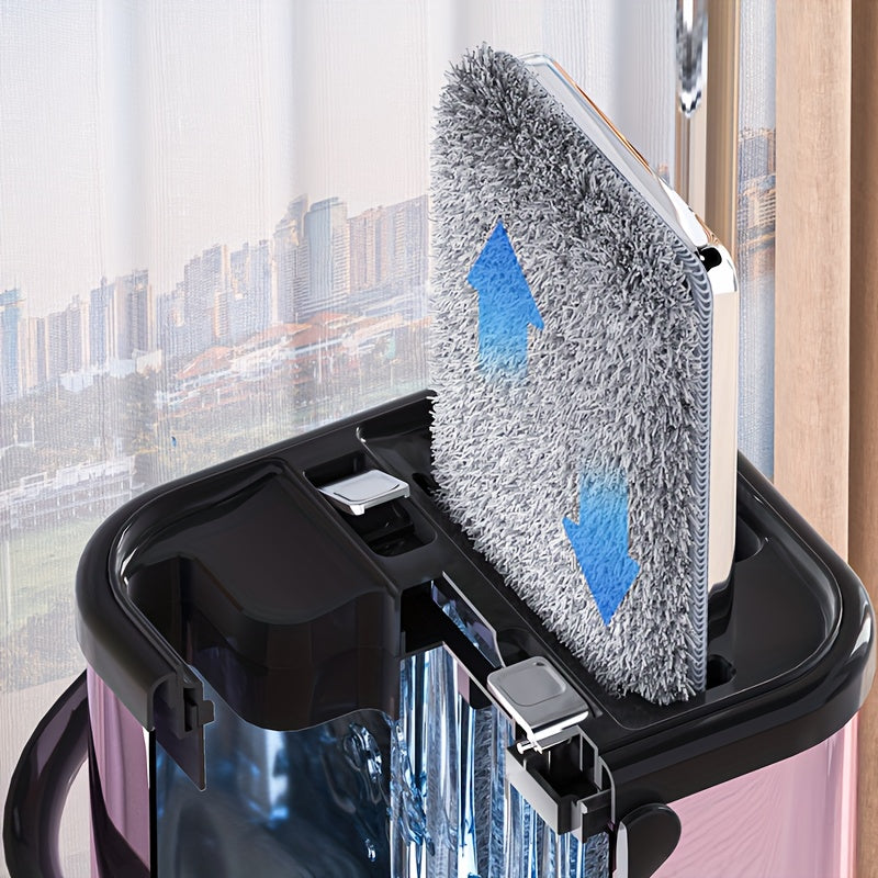 Juego de fregona y cubo de acero inoxidable con escurrido automático y almohadillas de microfibra