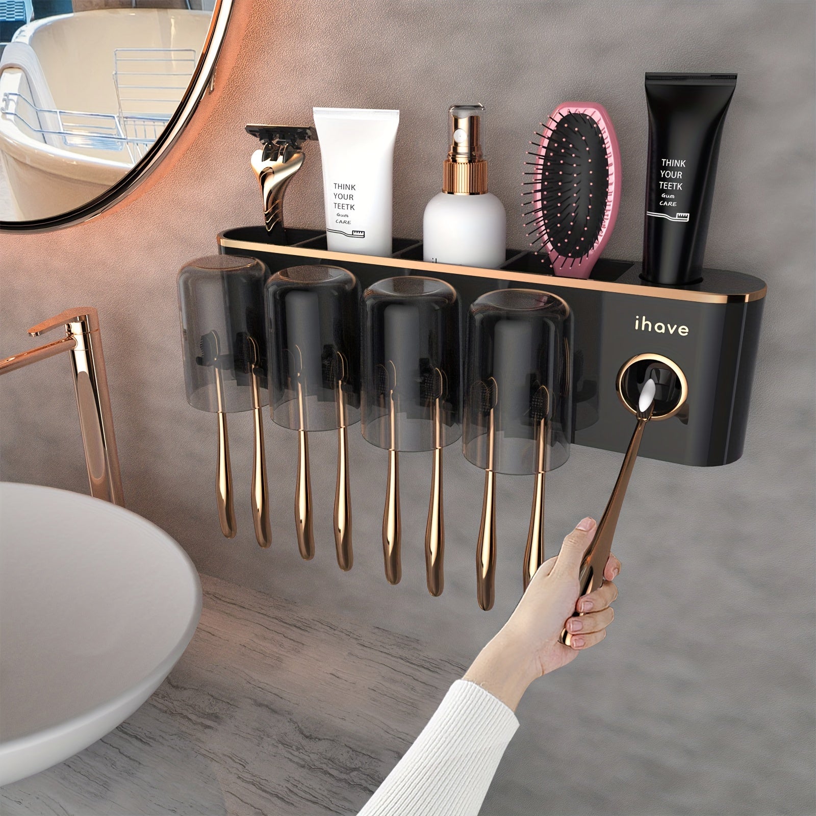 Wall-Mounted Bathroom Toothbrush Holder with Dispenser and Tumbler Set