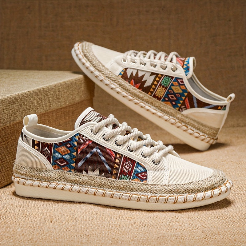Women's Striped Fabric Lace-Up Espadrille Sneakers with Non-Slip Sole