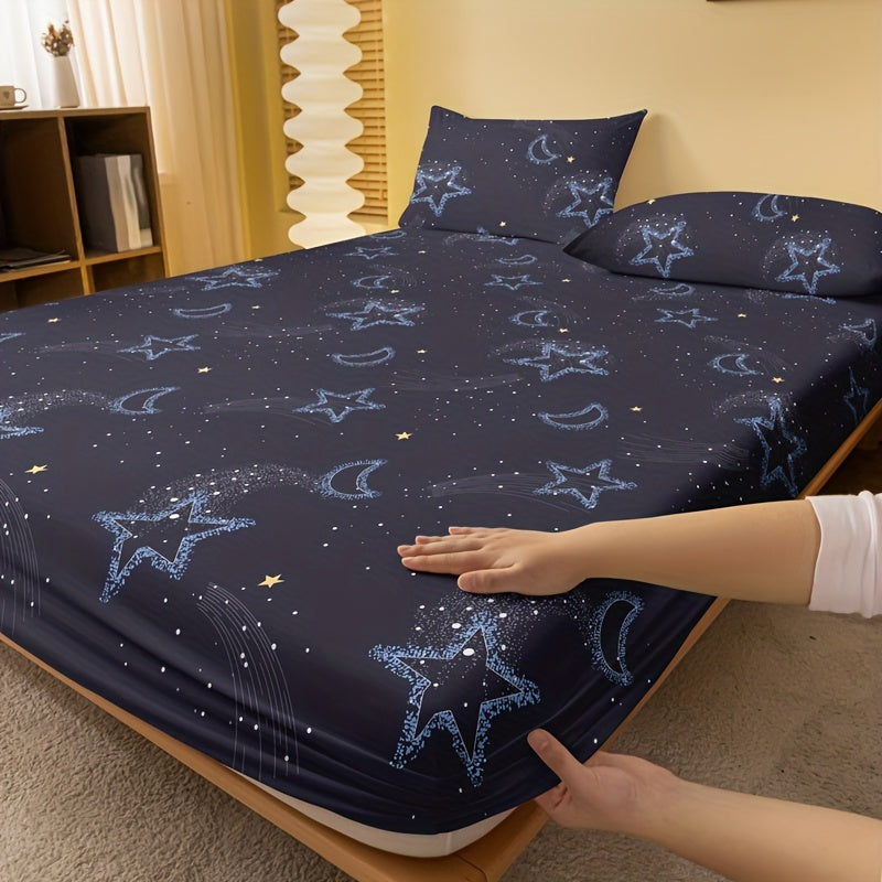 Sábana ajustada con estampado de luna y estrella cepillada para cama individual, funda de colchón de bolsillo profundo