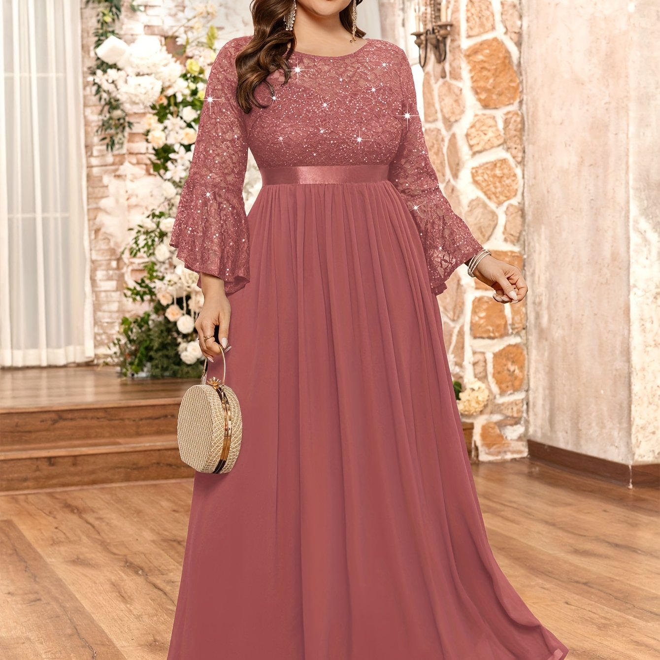 Plus Size Women's Sequin Long Dress Crew Neck Three Quarter Sleeve Evening Party
