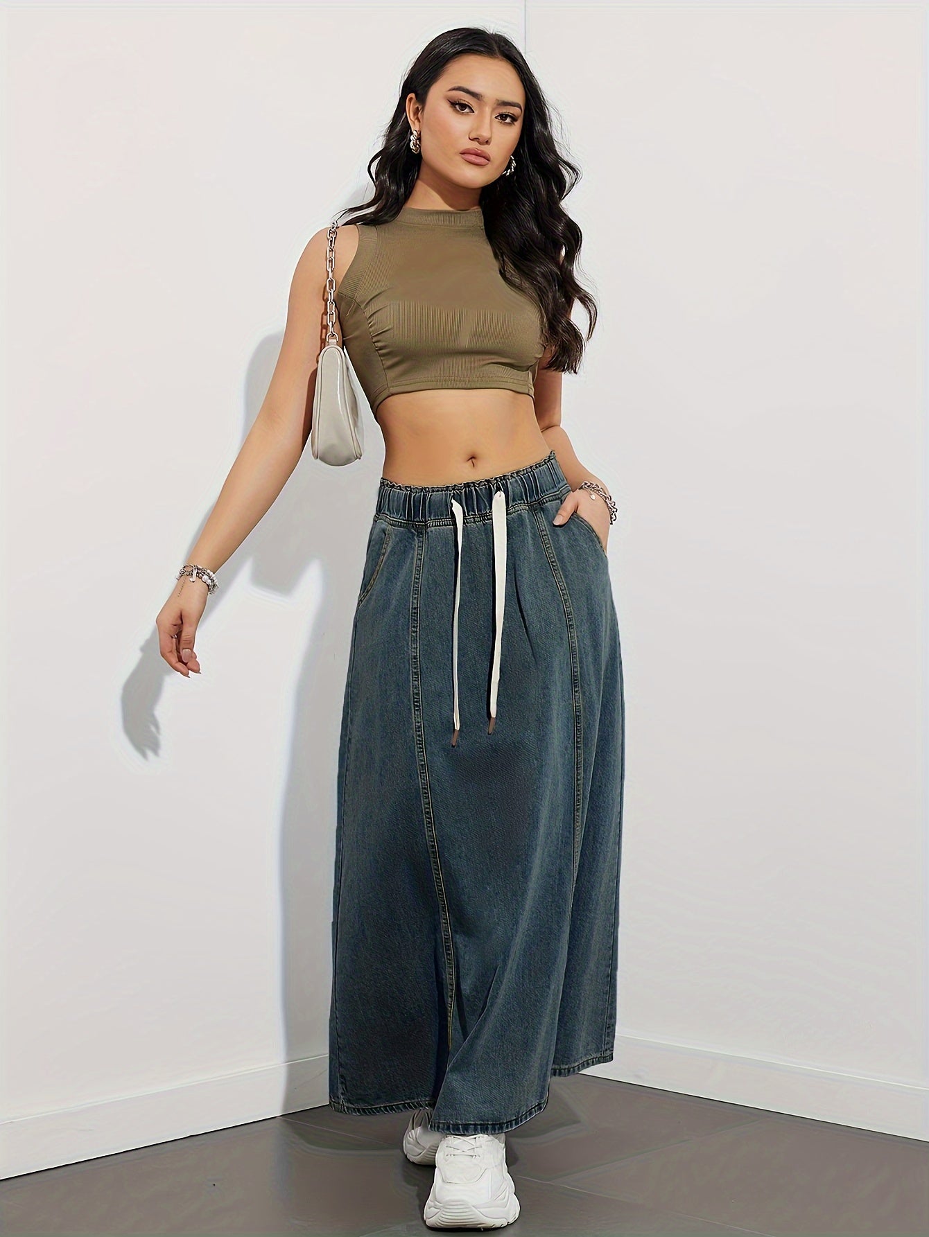 Women's Denim Maxi Skirt with Drawstring Waist Solid Blue Casual Flared Spring Summer Fall