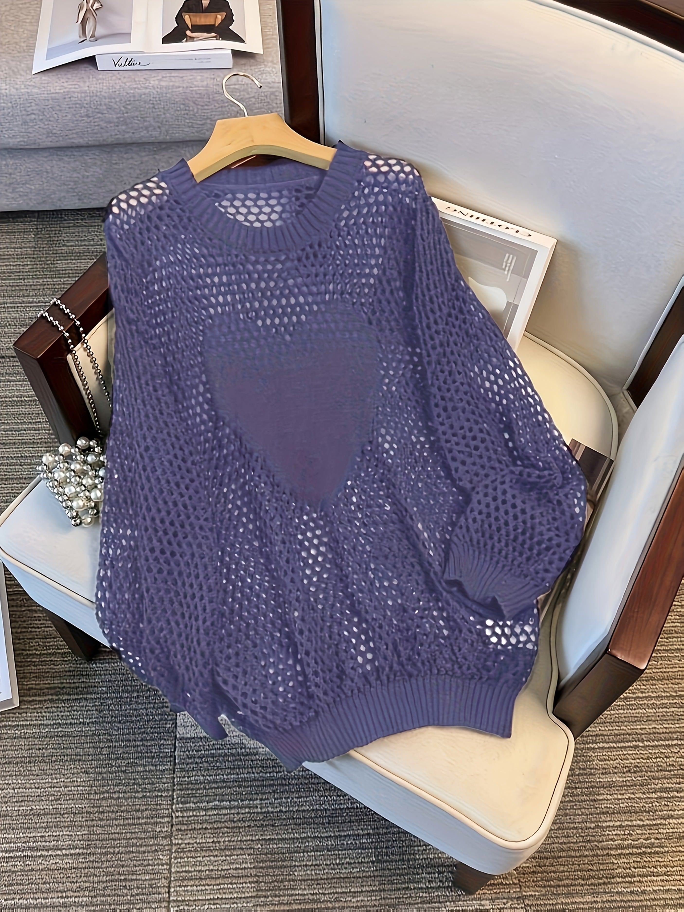 Женский свитер большого размера с длинными рукавами и вырезами в виде сердечек, дышащий повседневный топ