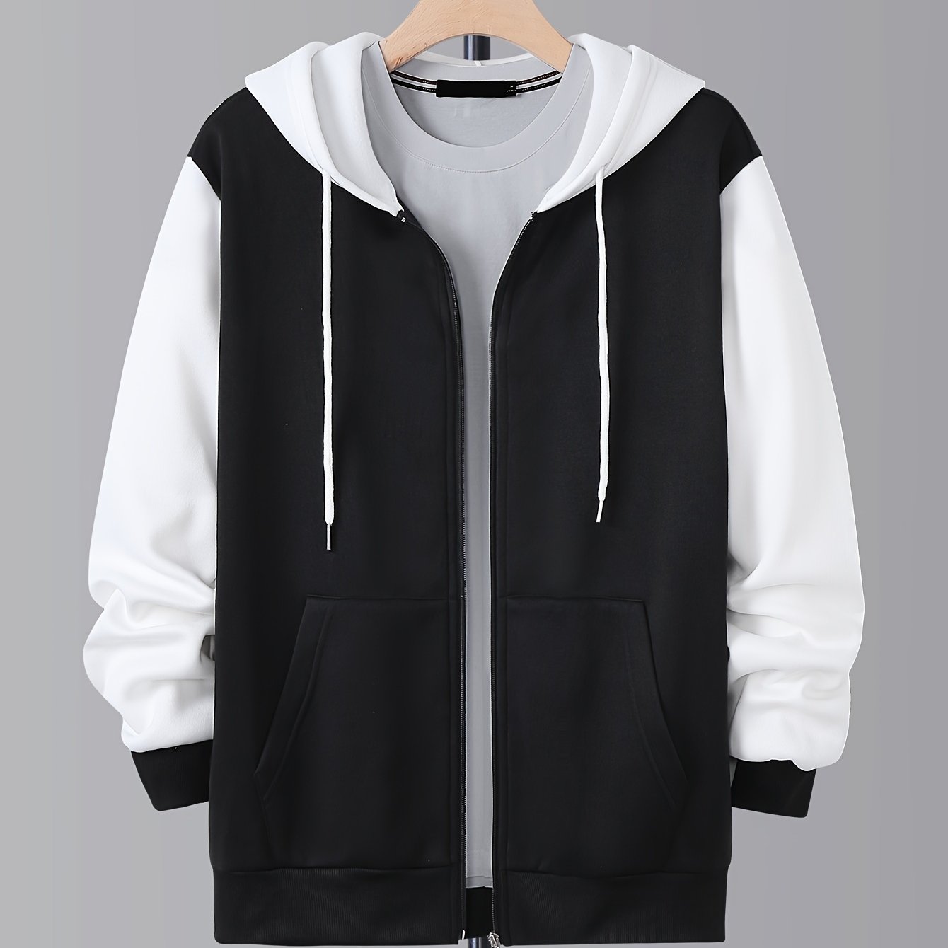 Plus Size Men's Hooded Jacket Solid Color Casual Spring Fall Long Sleeve Polyester