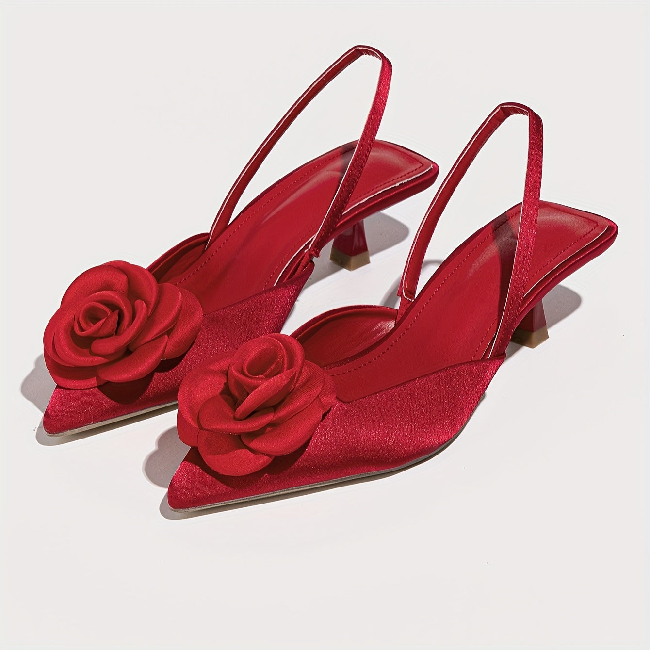 Red Pointed Toe High Heel Shoes with 3D Flowers for Night Weddings