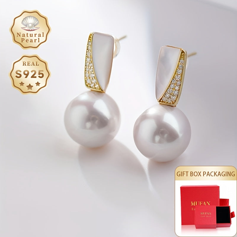 Women's Silver Earrings with Natural Freshwater Pearls 11-12mm Gift Box