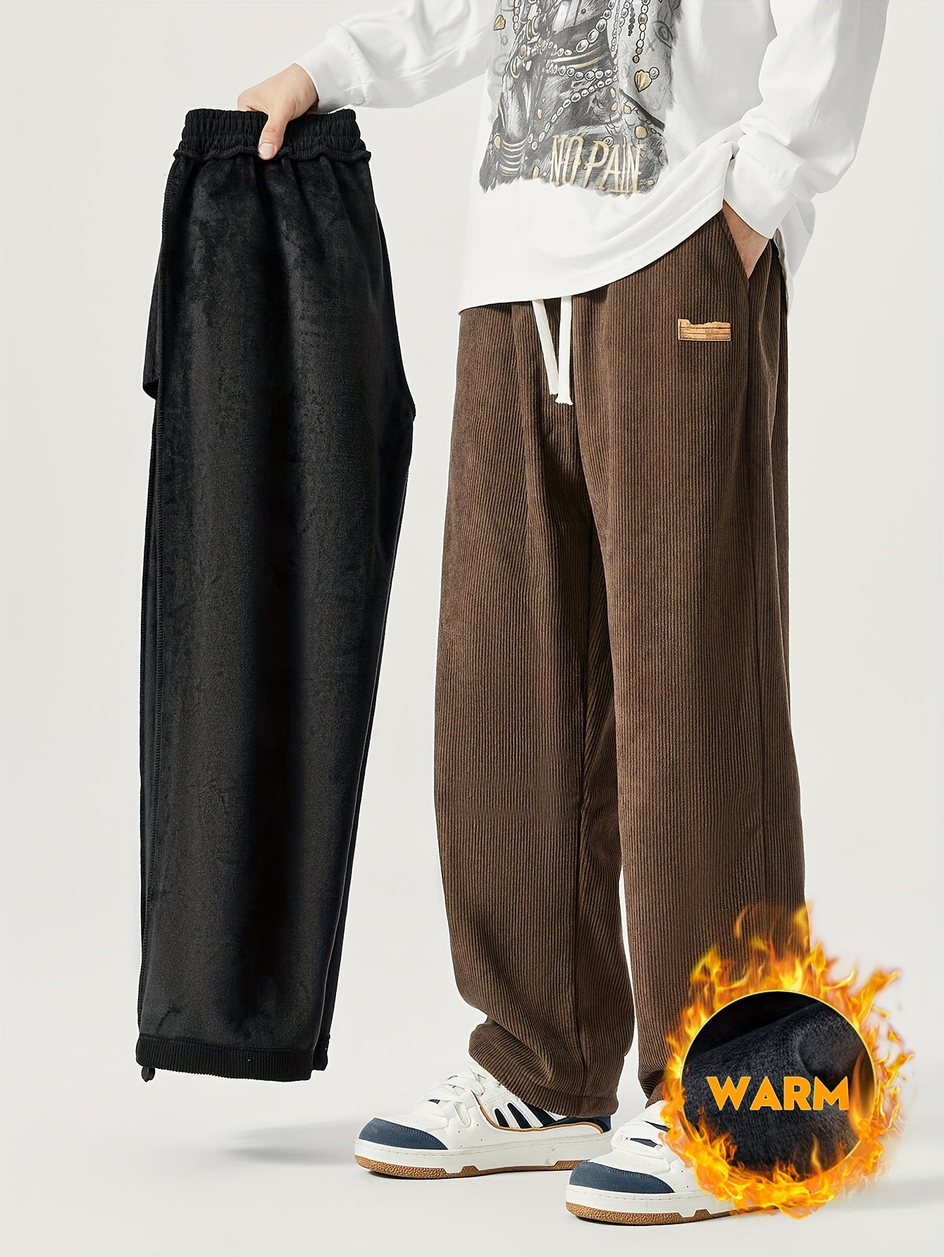 Pantalones de invierno de talla grande para hombre, casual, con patrón geométrico, tela de punto elástica, corte holgado