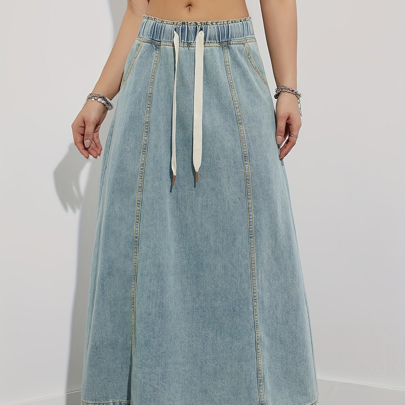 Falda larga de mezclilla para mujer con cintura de cordón, color azul sólido, casual, con vuelo, primavera, verano, otoño