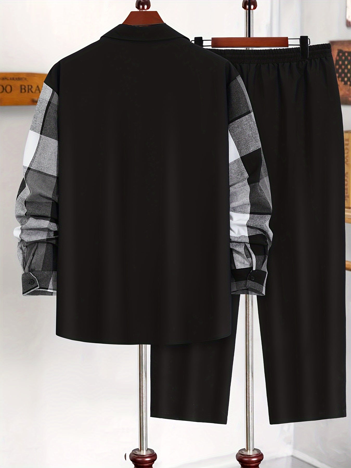 Мужской увеличенный размер осенний клетчатый повседневный комплект из полиэстера: рубашка с длинным рукавом и брюки